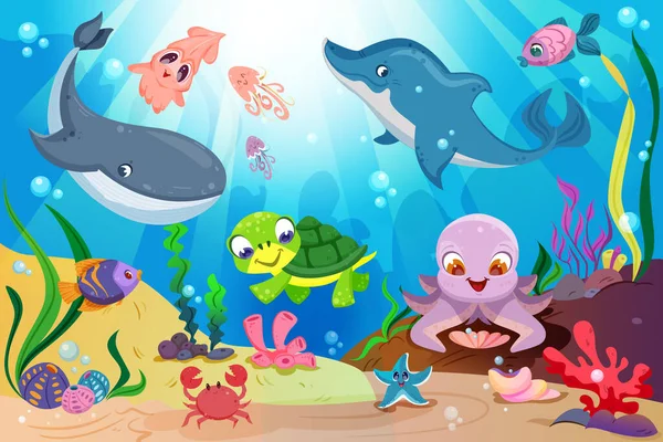 海底海洋生物与可爱的海洋动物 五彩斑斓的热带鱼 海豚和珊瑚礁与海洋植物 海底景观与有趣的海龟 乌贼和螃蟹 — 图库矢量图片