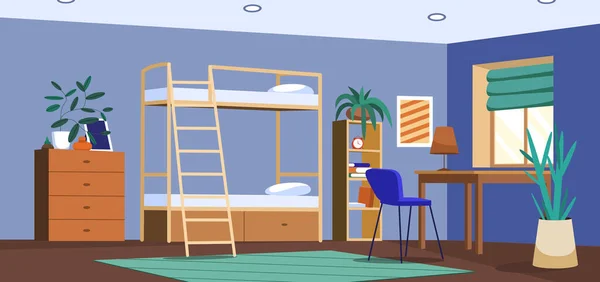 平坦的学生宿舍或学生宿舍 大学或大学宿舍的卧室里空荡荡的 有双层床 靠窗的书桌 椅子和书架 公寓或带有木制家具的住房 — 图库矢量图片