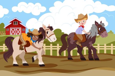 Çocuklar midilliye biniyor. Mutlu oğlanlar ve kızlar kırsal kesimde at binme sporu dersi alıyor. Üniformalı çocuklar, çiftlikte dizginleri tutan şapkalar ve eğitim gören çocuklar..