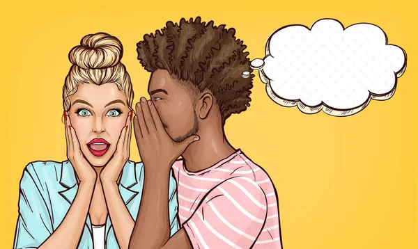 Vector Pop Art Black Man Whispers Ear Gossips Secrets Surprised — Stockový vektor