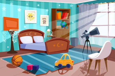 Cartoon empty kid boy bedroom in blue colors with bed, chair, bookshelf, pictures on wall and wide window. Child room indoors interior with telescope, basketball hoop, car toy and ball on carpet.