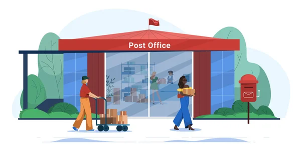 Flat Post Office Building Customers Mail Delivery Services Postal Worker — Vector de stock