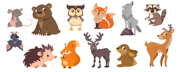 Cute Forest Animals Collection Wild Bear Funny Squirrel Smiling Fox — Vector de stock