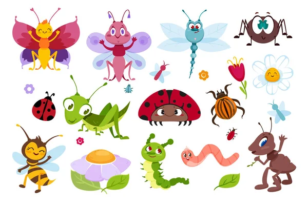 Flat Vector Set Cute Insects Funny Bugs Smiling Beetles Flowers — Stock Vector