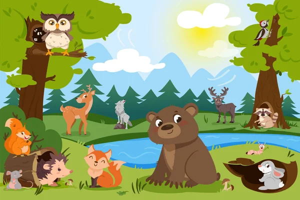 Cartoon forest animals in wild nature. Natural landscape with lake, cute bear, squirrel, fox, wildlife wolf and deer. Hare hole, woodpecker hollow and birds on trees. Woodland burrow with hedgehog.