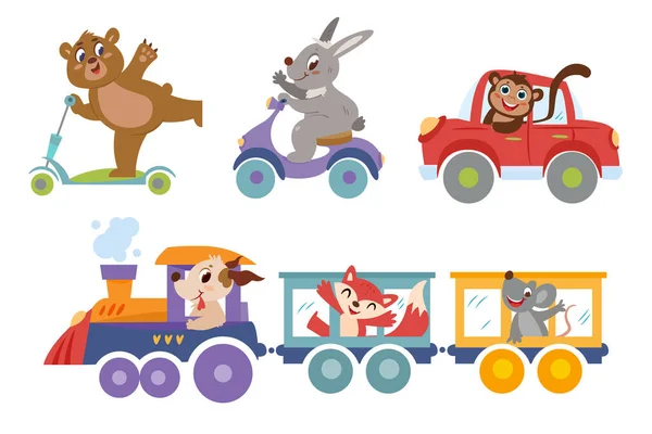 Set Animals Transport Fun Cartoon Vehicle Driver Characters Happy Bear — Vector de stock