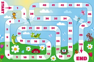Family board game for children. Kids play boardgame with path and numbers on green meadow, start and finish sign, flowers, bugs, ant, ladybug and grasshopper. Cartoon vector illustration.