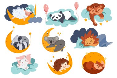 Cute animals sleep on cloud and half moon with stars. Cartoon sleeping child characters. Sweet dream kids set. Baby sheep in nightcap, lion and rabbit on pillow vector illustration in flat style.