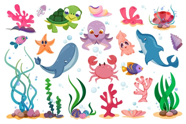 Flat Cute Sea Animals Marine Plants Fishes Ocean Life Funny — Vetor de Stock