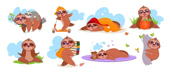 Flat Cute Sloth Sleeping Riding Scooter Doing Yoga Climbing Hanging — Stock Vector