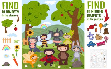 Find 10 hidden objects in the picture. Educational puzzle game for kids with funny children wearing carnival animal costumes. Funny cartoon characters in costume dress. Searching items flat concept.