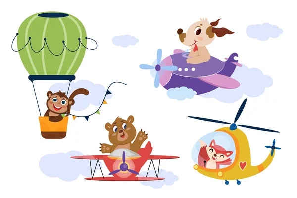 Cute Animals Aircrafts Happy Characters Flying Airplane Helicopter Balloon Sky — Stockvektor