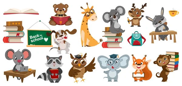 Set School Animals Cute Cartoon Pupil Characters Writing Studying Reading — 스톡 벡터