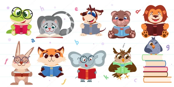 Set Cute Cartoon Animals Birds Reading Books Smart Funny Owl — Archivo Imágenes Vectoriales