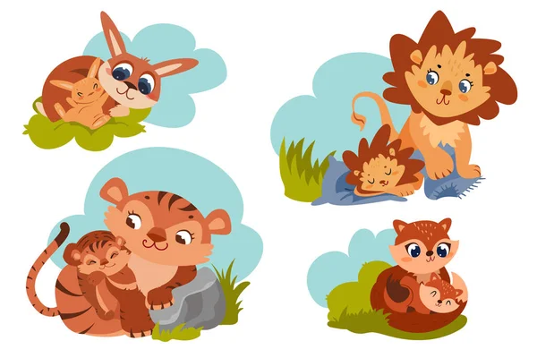 Cartoon Cute Forest Animals Sleeping Baby Family Set Brown Lion — Image vectorielle