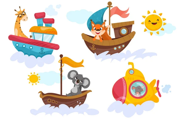 Set Cute Childish Animals Sailing Maritime Transport Funny Koala Sea — Stockvektor