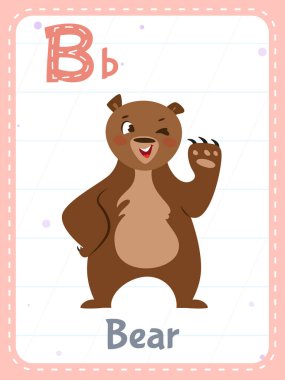 Alphabet printable flashcard with letter B. Cartoon cute bear animal picture and english word on flash card for children education. School memory cards for kindergarten kids flat vector illustration