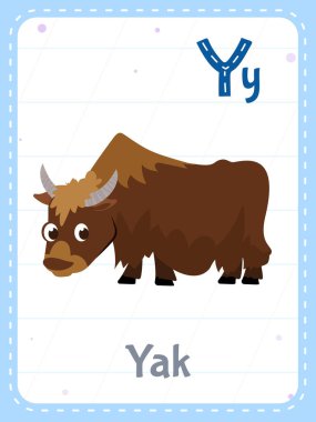 Alphabet printable flashcard with letter Y. Cartoon cute brown yak animal and english word on flash card for children education. School memory card for kindergarten kids flat vector illustration.