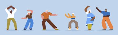 Sağlıklı esnek vücut için fiziksel tai chi egzersizleri, yoga ya da qigong yapan yasli yasli insanlar. Spor salonundaki çeşitli emekliler grubundan. Spor giysileri içinde jimnastik yapan yaşlı karakterler.