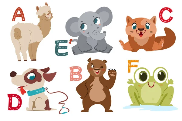 English Alphabet Flat Cute Animals Kids Education Letters Funny Animal — Stock Vector