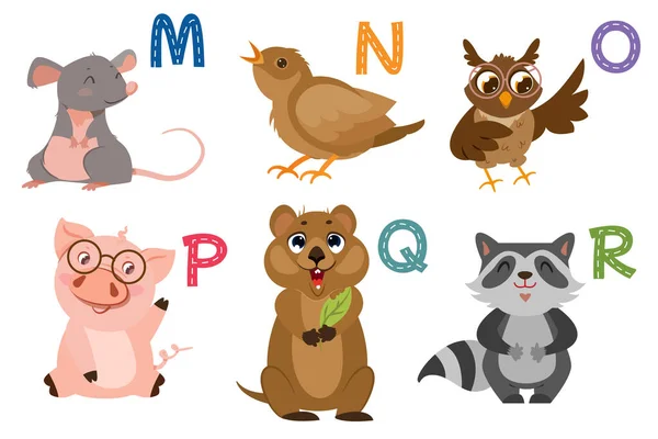 English Alphabet Flat Cute Animals Kids Education Letters Funny Animal — Stock Vector