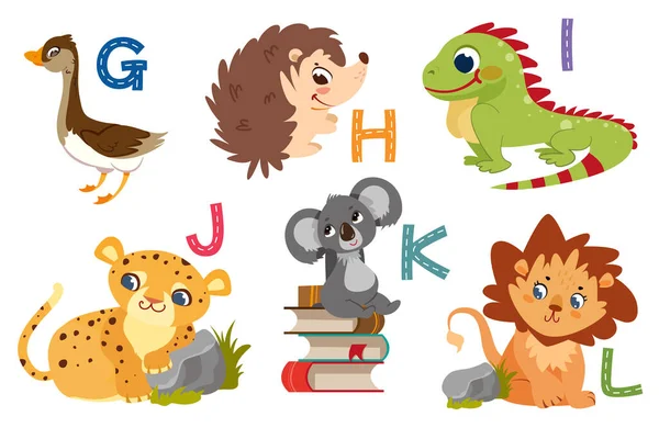 English Alphabet Flat Cute Animals Kids Education Letters Funny Animal — Stock Vector