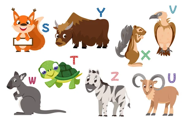 English Alphabet Flat Cute Animals Kids Education Letters Funny Animal — Stock Vector