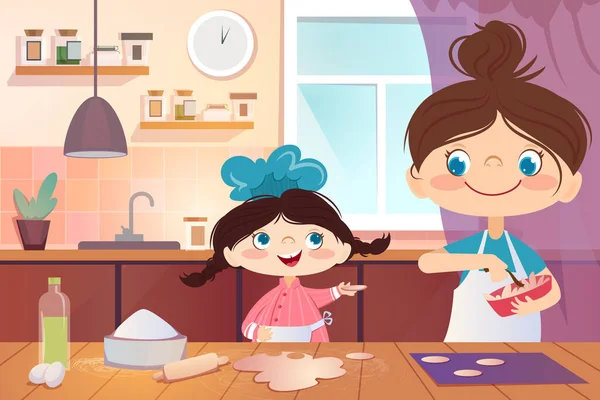 Dessin Animé Mignonne Petite Fille Chef Avec Mère Cuisine Biscuit — Image vectorielle