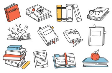 El çizimi kitap karalama seti. Yer imleri ve not defterleri olan bir yığın kitap. Simge bilgi elemanları çiziliyor. Eğitim için okuma ve öğrenmenin vektör sembolleri. Eğitim edebiyatı ve sözlük.