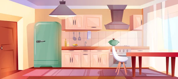 Cartoon Keuken Interieur Met Houten Retro Meubels Range Kap Huiskamer — Stockvector