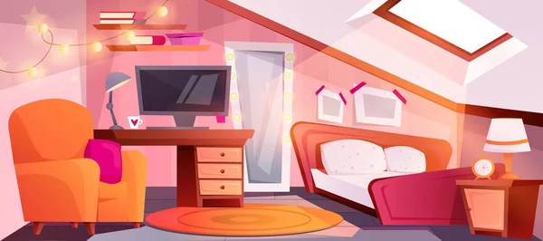 コンピュータや本棚と勉強のためのワークスペースと居心地の良い女の子の寝室の漫画屋根裏部屋 ベッド 椅子付きのマンサード10代の部屋 木製の屋根の下にモダンなロフトティーンアパート — ストックベクタ