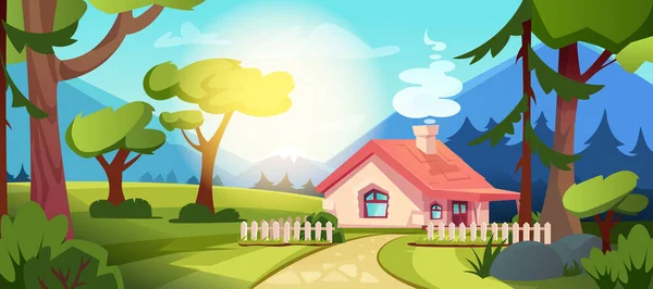 Country house in forest. Vector cartoon illustration of summer landscape of village with fence, path and mountains. Forester cottage with green lawn, trees, bushes, hills and sun light.