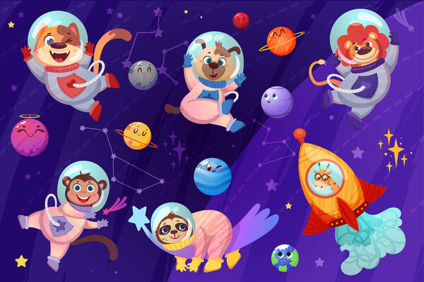 Cute animals astronauts in spacesuit flying in open space. Cartoon happy dog, monkey, lion and sloth cosmonauts in cosmos galaxy with planets, stars and constellations. Flat giraffe flying in rocket.