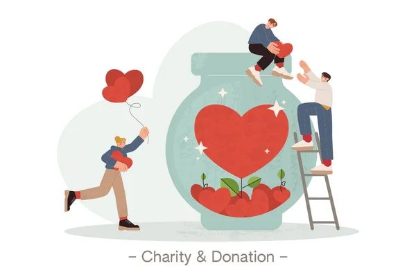 Flache Winzige Freiwillige Sammeln Rote Herzen Großen Gefäßen Für Spenden — Stockvektor