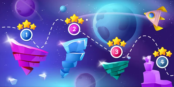 Weltraum Spiel Ebene Hintergrund Mit Kristall Plattformen Fliegende Rakete Und — Stockvektor