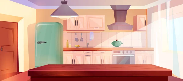 Cartoon Rétro Intérieur Cuisine Avec Table Bois Meubles Hotte Cuisinière — Image vectorielle