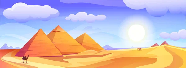 埃及风景与埃及法老金字塔矢量卡通画 有古墓 贝都因骆驼和黄沙沙丘的非洲沙漠 有炎热的太阳和云彩的古代建筑群 — 图库矢量图片