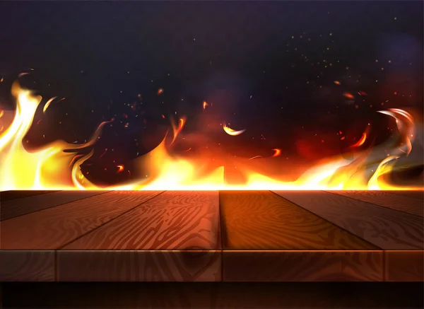 Wooden Empty Table Top Fire Flames Dark Background Wood Texture — Stock Vector