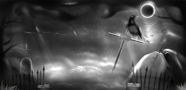 Хеллоуїн Реалістичний Вектор Містичним Місячним Світлом Темному Небі Дощ Туман — стоковий вектор
