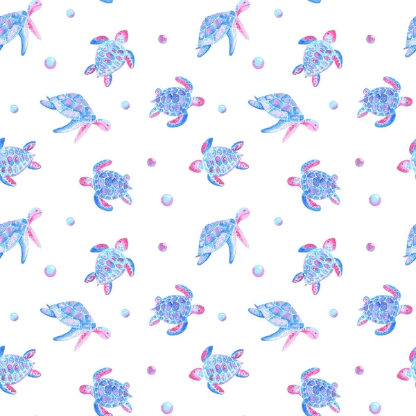 Watercolor Seamless Turtle Pattern Sea Eco Concept Blue Pink Colors — Stock Photo, Image