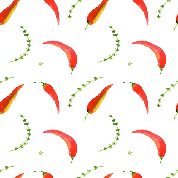 Aquarel Rode Chili Pepers Tijm Kruid Naadloos Patroon Handgetekende Mage — Stockfoto