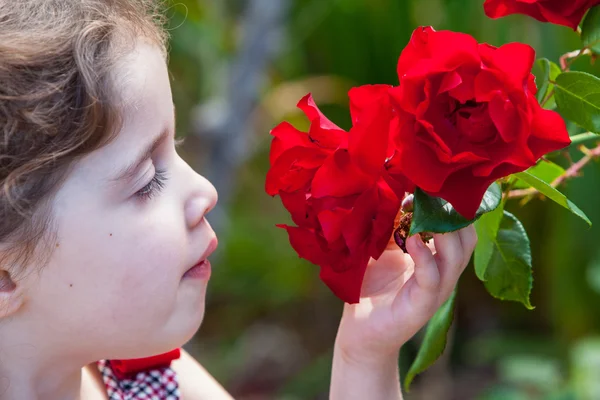 Dziewczyna snifing róża — Zdjęcie stockowe