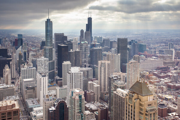 Chicago skyline on a stormy winter's day in Illinois, USA