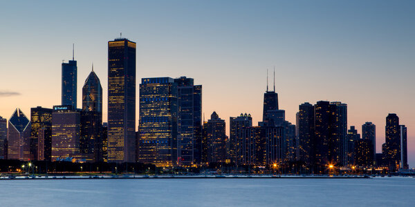 The Chicago skyline just after sunset on a hot summers day in Illinois, USA