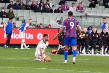 MELBOURNE, AUSTRALIA - 19 Temmuz 2022 tarihinde MCG 'de oynanan sezon öncesi arkadaşça bir futbol karşılaşmasında Crystal Palace' dan Jordan Ayew ile Manchester United maçı düzenledi.