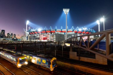 Melbournes 'un ünlü gökyüzü manzarası ve Melbourne Kriket Stadyumu, Victoria, Avustralya.