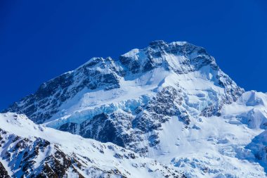 Mt Cook snow covered summit photographed from the Hooker Valley Track in New Zealand