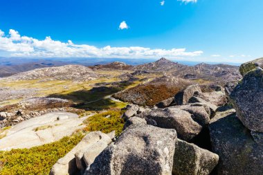 Victoria Alpleri, Avustralya 'da bir yaz öğleden sonrasında Buffalo Dağı' ndaki The Hump yakınlarında Katedral Rock oluşumunun görüntüsü