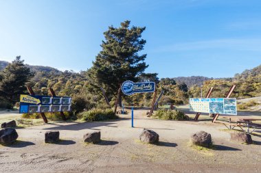 DERBY, AUSTRALIA - 25 Eylül 2022: Derbi, Tazmanya, Avustralya 'da ilkbahar döneminde popüler ve ikonik Blue Derby dağ bisikleti iz ağı