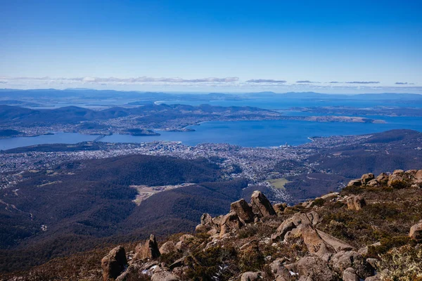 Vista Icônica Cume Monte Wellington Uma Manhã Fria Primavera Com — Fotografia de Stock